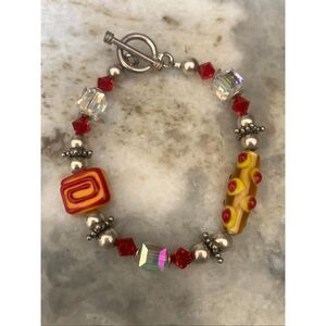 Red Yellow Murano Glass Crystals Sterling Silver Bracelet #handmade #summertime